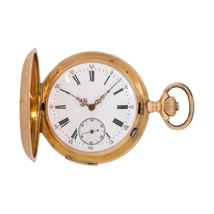 Savonette Taschenuhr in 18K Gelbgold mit Viertelstundenrepetition und feiner Gravur.  
