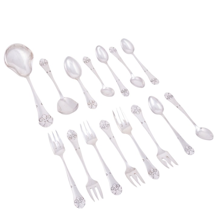 DÄNEMARK Kaffeebesteck- Set 'Französische Lilie', 826 Silber, 15tlg., 1919-1940, 