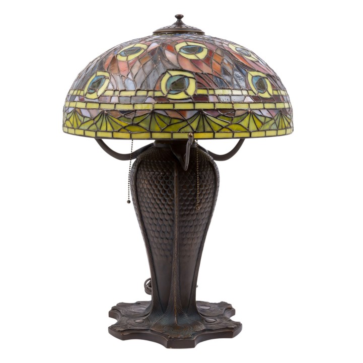 Große Tischlampe mit Pfauenfeder-Motiv im Tiffany-Stil 