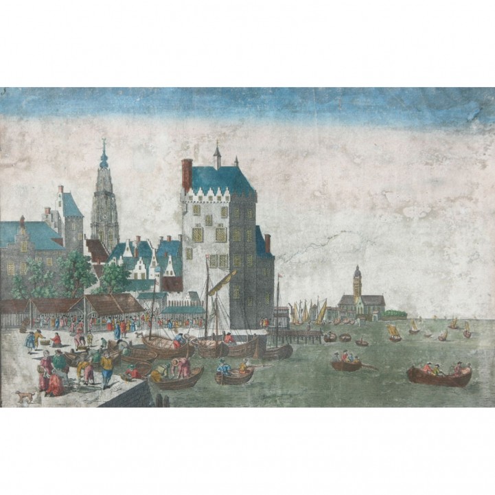 Guckkastenblatt mit Fischmarktszene vor dem Hintergrund der Burg Het Steen in Antwerpen, 18. Jh. 