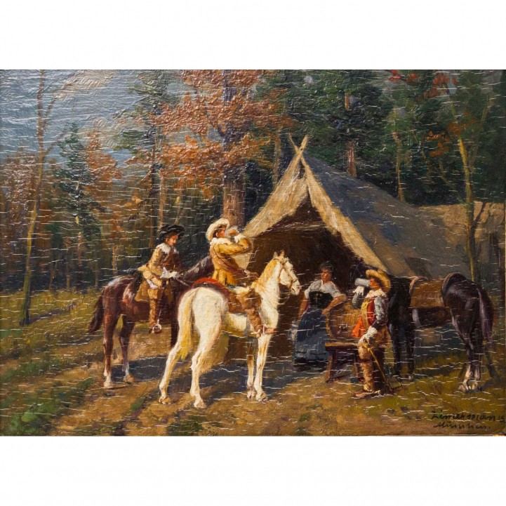 ZIMERMAN (Zimmermann; Münchner Maler des 19./20. Jh.), "Drei Musketiere zu Pferde bei der Rast", 