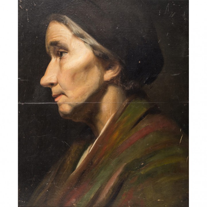 DEIKER, JOHANNES CHRISTIAN, attr. (Wetzlar 1822-1895 Düsseldorf), "Profilportrait einer Dame mit dunklem Tuch und grün-rotem 