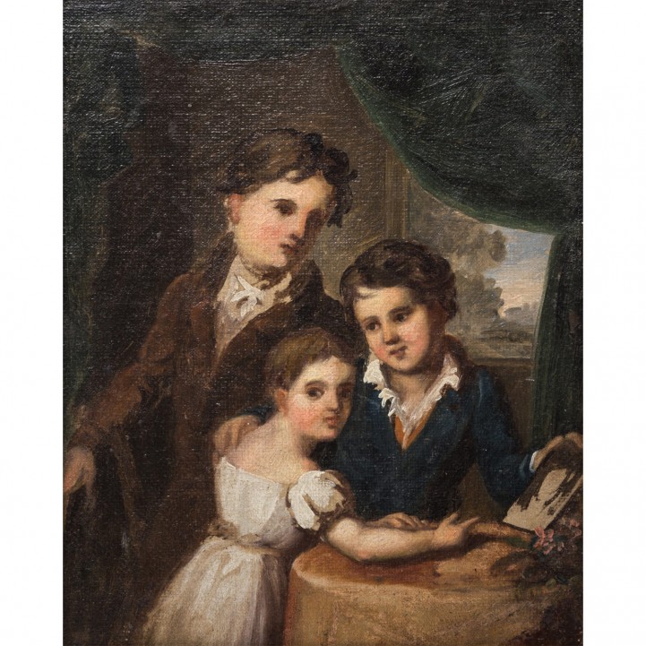 DEIKER, FRIEDRICH, attr. (Hanau 1792-1843 Wetzlar), "Drei Kinder an einem Tisch vor dem Fenster ein Bild betrachtend", 