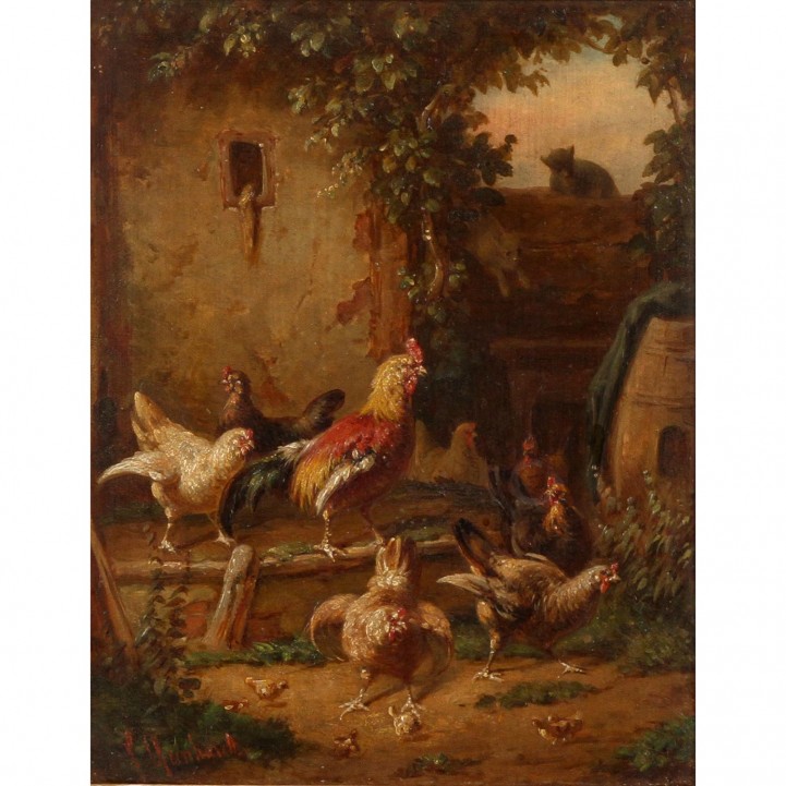 REINHARDT, LOUIS (Plauen 1849-1870 Traunsee), "Vor dem Hühnerstall", 
