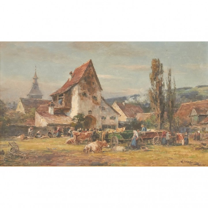 STUHLMÜLLER, KARL (1859-1930, Münchner Maler), "Viehmarkt vor dem Dorfe", 