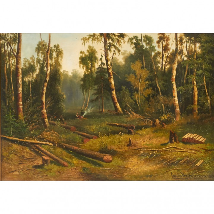 HACKENSÖLLNER, CAMILLO (1860-?), 'Lagerfeuer auf einer Waldlichtung', 