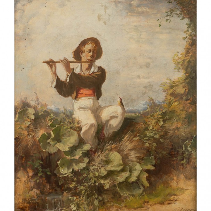 EYER, GUSTAV (1887-1946), 'Flötenspieler mit Singvogel', 
