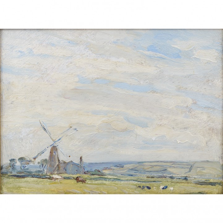 MALER/IN 20. Jh. (undeutl. sign.), "Windmühle an der Küste", 