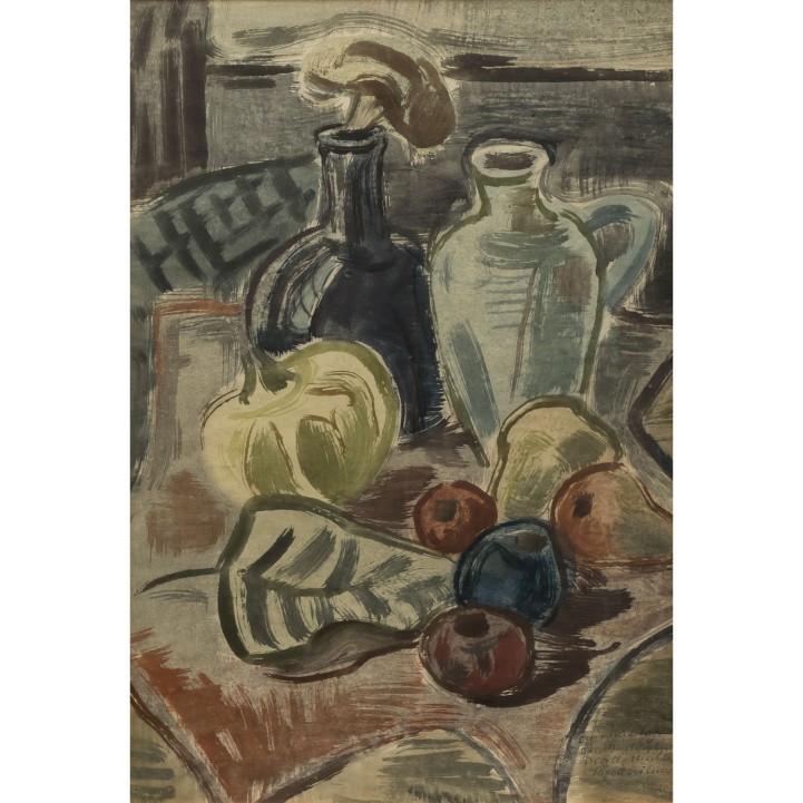 BÖHME, GERD (1899-1978), 'Stillleben mit Flasche, Krug und Früchten',  