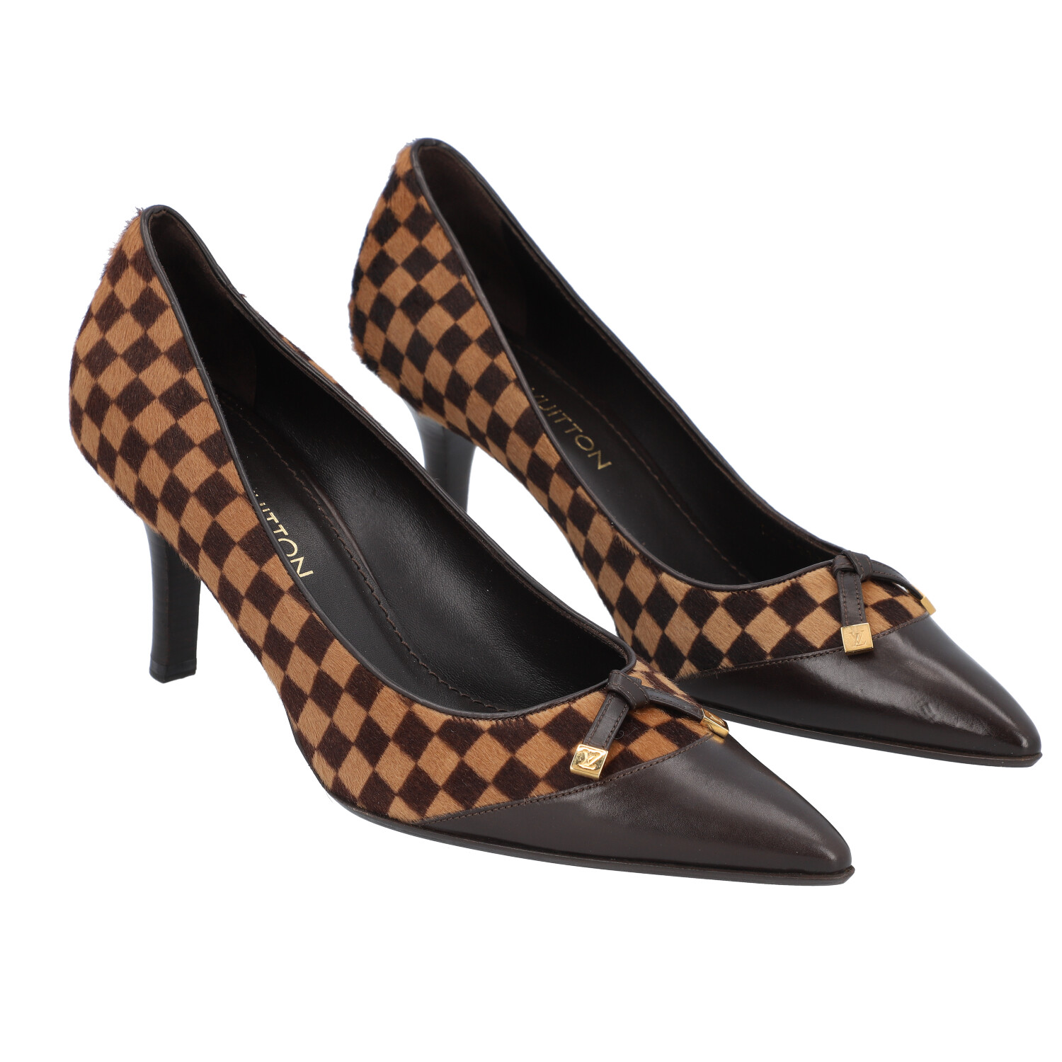 Louis Vuitton Brown pony skin checkered heels with buckle detail